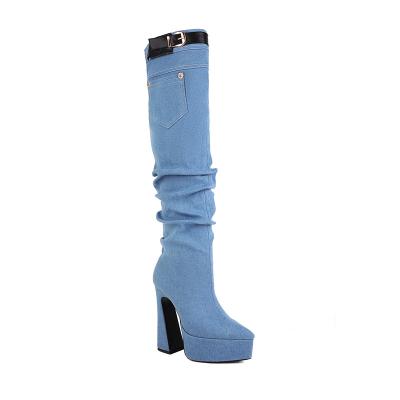 China Custom Logo Denim 12.5cm Chunky Heel Women Platform Denim Waterproof Thigh High Boots Xinzirain Boots for sale