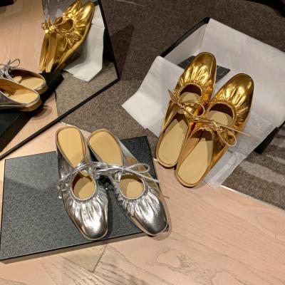 China Latest Custom Deodorization Xinzirain Ladies Casual Slip On Shoes Close Toe Gold Silver Genuine Leather Women Ballet Flat Mule Shoes for sale