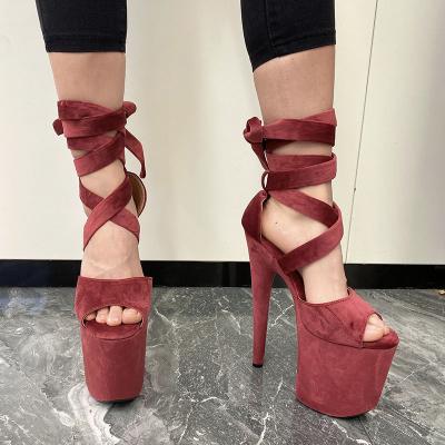 China Custom Fashion Trend Xinzirain Red Cross Strap Lace Up Exotic Pole Dance Stripper Shoes Suede Leather Heeled Sandal Logo Heel for sale