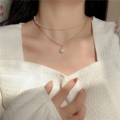 China Hot Selling Cute Fashion Double Layer Gold Color Beads Chain Pearl Necklace Women Girl Fashion Pendant Jewelry for sale