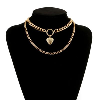 China CLASSIC New Fashion Heart Pendant Hip Hop Openable Necklace Style Exaggerated Simple Thick Chain Short Double Layer Necklace Women for sale