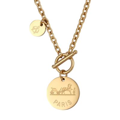 China CLASSIC 14k Plated Stainless Steel Necklace Design Sense Round Map Pattern Letter Clavicle Chain Necklace for sale