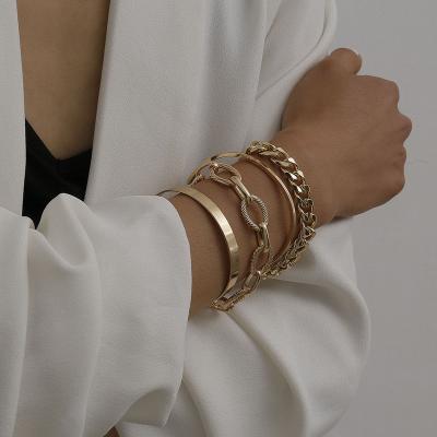 China Hiphop Wholesale 4pcs Punk Gold Plated Thick Chunky Chain Bracelet Rope Link Bracelet Set for sale