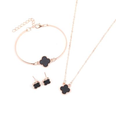 China Wholesale Luxury Shiny Women's Black Sterling Silver 925 Leaf Clover Necklace Bracelet Dangle Earring CLASSIC Four Set For Women for sale