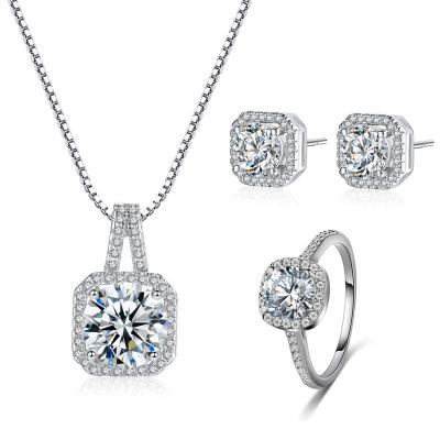 China Wholesale Fashion Women's Eco-Friendly 925 Sterling Silver Fashion Square Zircon Ring Necklace And Earrings Jewelry Set For Wedding for sale