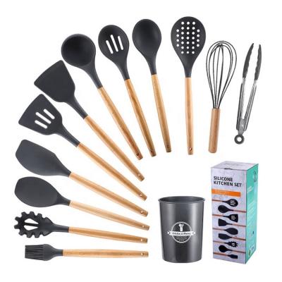 China Wholesale Viable 12 Piece Wooden Handle Silicone Kitchen Utensils Set With Storage Box Kitchen Tools Kitchenware Cookware Set for sale