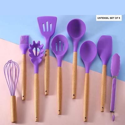 China New Arrival Viable Wooden Handle Purple Color Silicone Kitchen Utensils Set Kitchen Tools Kitchenware Tableware Cookware Set 9 for sale