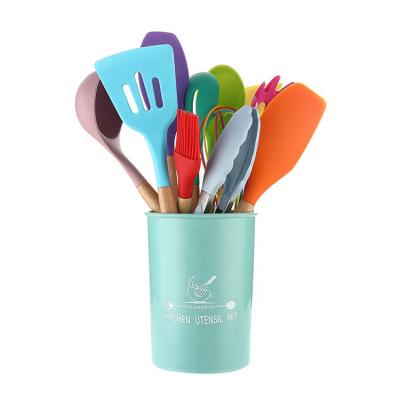 China Non-viable Stick Wholesale 11 Pcs Silicone Heat Resistant Colorful Cooking Cookware Sets With Wooden Handle for sale