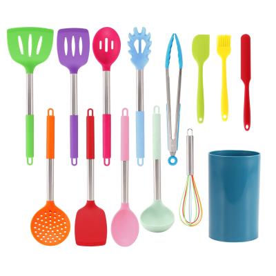 China Viable New Arrival Colorful 14 Pieces Kitchen Accessories Set Silicone Tools Stainless Steel Handle Utensils Kitchenware Cooking Set for sale