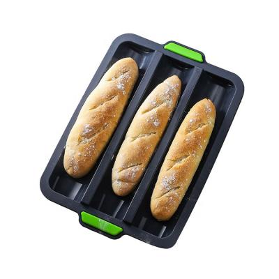 China Viable 3 Cavity Silicone Bread Mold Non-Stick Baguette Pan for French Bread Baguette Baking Mold for sale