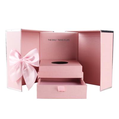 China Recycled Materials Wholesale Big Birthday Festival Pink Customized Drawer Necklace Flower Gift Box Paper Cardboard Packaging Magnetic Gift Boxes for sale