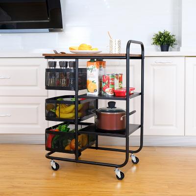 China Large Capacity Natural Kitchen Storage Rack Detachable Serving Cart with Spinning Basket Mobile Kitchen Island Trolley Organizer for sale