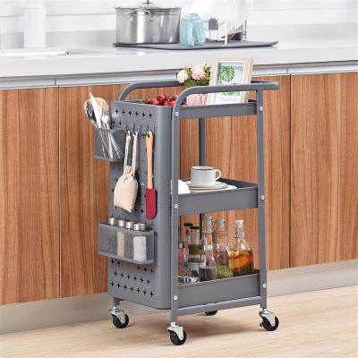 China ODM Easy Clean Metal 3 Layer Kitchen Organizer Storage Trolley 3 Tier Roll Block Serving Cart with Pegboard and Accessories for sale