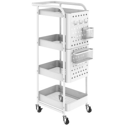 China DIY CLASSIC Pegboard Hooks Extra Baskets Rolling Cart 4 Tier Rolling Trolley Cart Metal Serving Shelving With Locking Wheels for sale