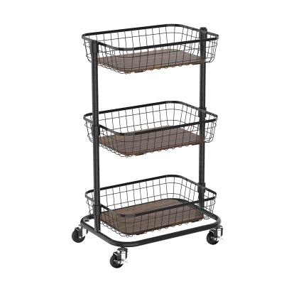 China Easy Cleaning No Screw MDF Board 3 Tier Wire Kitchen Organizer Rack Trolley Wheel Multi Purpose Storage Cart for sale