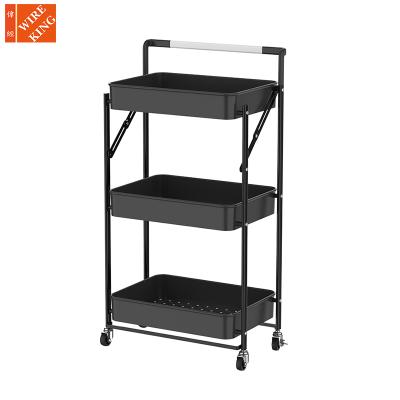 China Wholesale Price 3 Tier Folding Kitchen Storage Cart Display Rack Easy Cleaning Serving Shelf With Handles Storage Plastic Folding Cart for sale