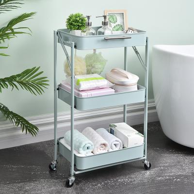 China CLASSIC 3-Tier Storage Rack Multifunctional Collapsible Rolling Metal Folding Trolley Cart Serving Baskets Rack for Kitchen for sale