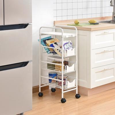 China OEM & ODM 4-Tier Assembly Storage Easy Clean Free Rolling Cart No Screw Wire Metal Slide Basket Trolley Utility For Crevices Organizer for sale