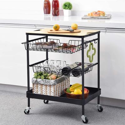 China Natural Movable Bar Serving Cart With Slide Drawers Kitchen Island Organizer Storage Cart For Home for sale