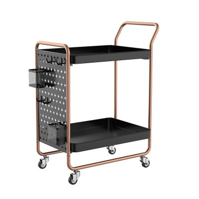 China Diy Peg Board Utility Cart Metal Easy Clean Shelving With Hooks Baskets Handles Locking Wheels 2 Tier Bathroom Trolley Organizer for sale