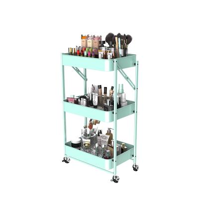 China Modern High Quality Space Saving Folding Trolley Kitchen Organizer Foldable Trolley Three Tier Serving Rolling Cart for sale