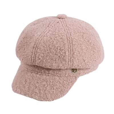 China COMMON Women's Autumn And Winter Korean Style Lambswool Hat Rhinestone Alphabet Newsboy Octagonal Beret for sale