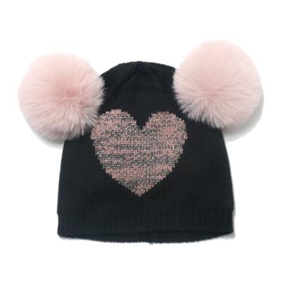 China Autumn And Winter New Double Woolen Ball Hat 100% Wool Ball Hat Acrylic Polyester Pompom Kids Heart COMMON Hat for sale