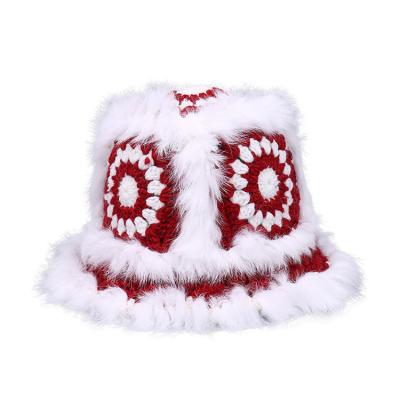 China COMMON Women's Autumn And Winter Wild Rabbit Fur Hat Cavity Handmade Wool Flower Plus Velvet Thick Warm Basin Hat for sale