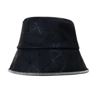 China Fashion Leather Diamond Plaid Fisherman Hat PU Autumn And Winter Black Rivet Rhinestone Basin Brim Casual Women Hat for sale