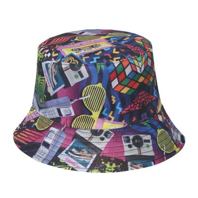 China Retro Sun Protection Band Rubik's Cube Poker Print Fisherman Hat Hip Hop Street Crunch Print Luxury White Bucket Hat for sale