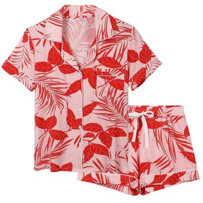 China OEM QUICK DRY Button-Up Shirt& Red Bamboo Sheet Pants Pajamas Women Short Sleeve Women's Sleepwear for sale