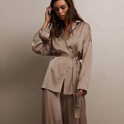 China Newest QUICK DRY Two Piece Lady Women Silk Satin Pijamas Pajamas Sleepwear Couples Matching Pajamas Couples Pajamas Sets Silk Pajamas for sale