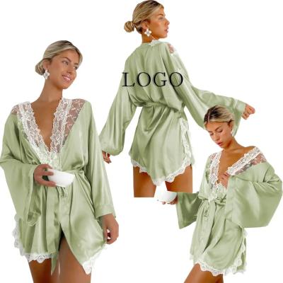 China New Women's Pajamas Sleepwear Women's Pajamas Long Sleeve Satin Long Robe Satin Cardigan Drawstring Light Green Sexy Luxury Silk QUICK DRY Lace Long Sleeve Women's Pajamas for sale