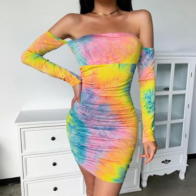 China Hot Selling Anti-Static TD Tie Dyed Woman Dress Off Shoulder Long Sleeves Dresses Lady Elegant Sexy Party Women Dress Evening for sale