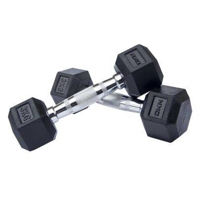 China Fitness Center Black Coat Rubber Hex Dumbbell With Chrome Handle for sale