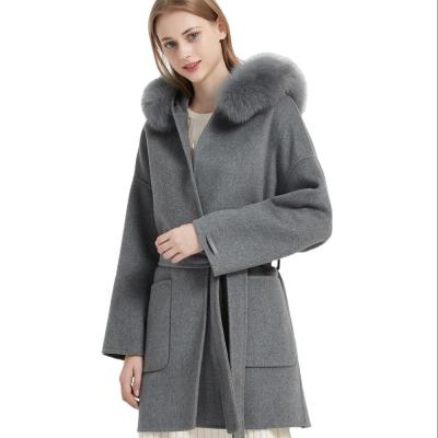 China Wholesale Factory Supply Breathable Woolen Coat Directly With Fox Fur Collar Belt Cashmere Coats Winter Women Wool Coat With Fur Hood for sale