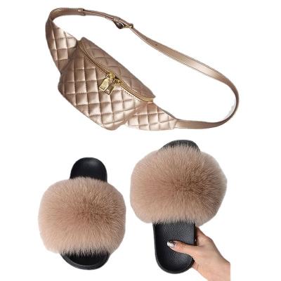 China Wholesale Genuine Fluffy Fox Fur Slippers Fanny Pack Fur Slides Set Breathable Warm Indoor Outdoor Fashion Sale Women for sale