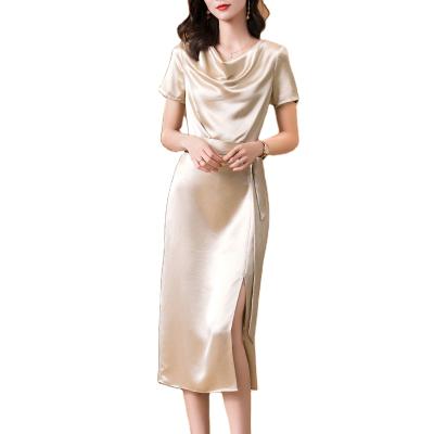 China Hot Selling Breathable Satin High Quality Sexy Ladies Dress Luxury Belted Silk Dress for sale