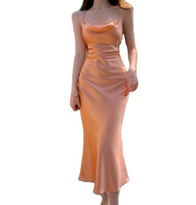 China High quality ladies silk mulberry plus size solid color satin slip luxury backless 100% sexy backless dress plus size dress for sale