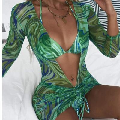 China Plus Size 2022 New Mesh Three Piece Bikini Set For Three Piece Swimsuit Beach Cover Ups Women Swimsuit Set for sale