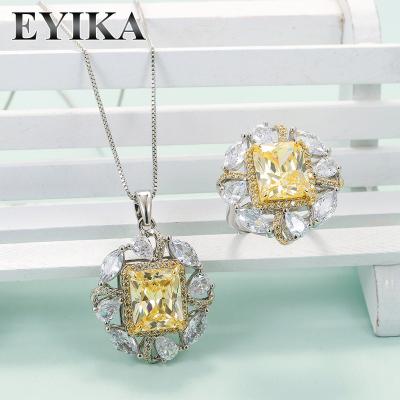 China Elegant Vintage Princess Square Cut Topaz Citrine Gemstone Women Wedding Jewelry Set Shiny Yellow Zircon Crystal Pendant Necklace Ring for sale