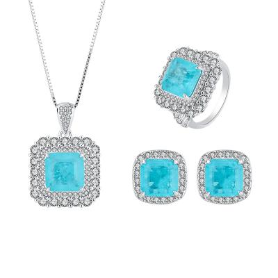 China Luxury Bridal Jewelry Sets Sterling Silver Pendant Necklace Earrings Ring Fusion Crystal Zircon S925 Vintage Square Paraiba Gemstone 925 for sale