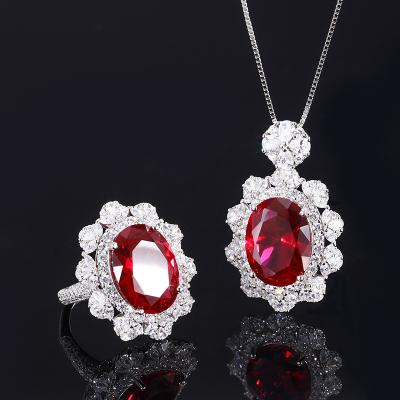 China Vintage Large Oval Red Ruby Zircon Flower Necklace and Ring S925 Jewelry Set Women Silver Wedding Accessories Bridal Jewelry Gift for sale