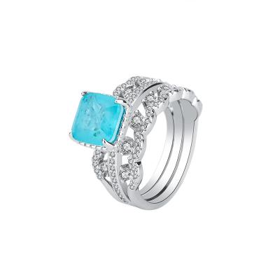 China FASHIONABLE Luxury Tourmaline 925 Sterling Silver Ring White Gold Paraiba Square Plated Zircon 3 Layer Macrame Ring For Women Brazil Jewelry for sale