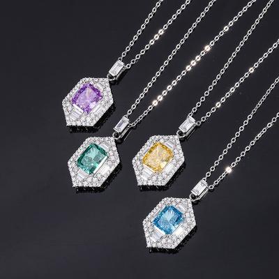 China FASHIONABLE Luxury New Light Blue Purple Hexagon Diamond Choker 925 Sterling Silver Square Emerald Topaz Pendant Necklace For Women for sale