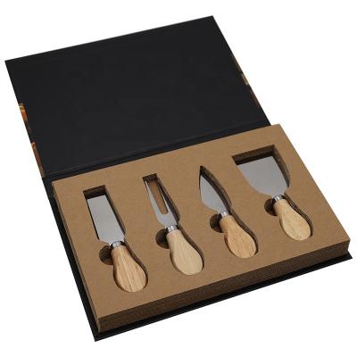 China Sustainable 4pcs 6 Pcs Cheese Knife Set Black Gift Box Packing Complete Stainless Steel Cheese Knives With Rubber Wood Handle for sale