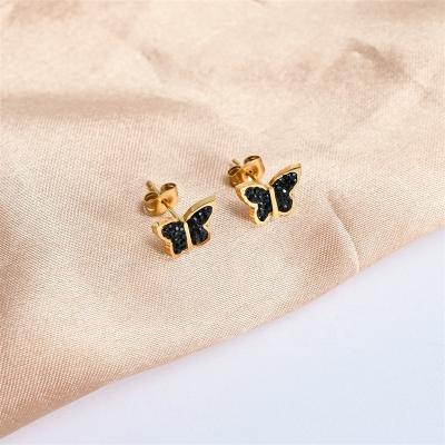 China 2021 Wholesale TRENDY Earring Design Rhinestone Inlay Stainless Steel Earring Korean 18K Gold Plated Rose Gold Butterfly Stud Earring for sale