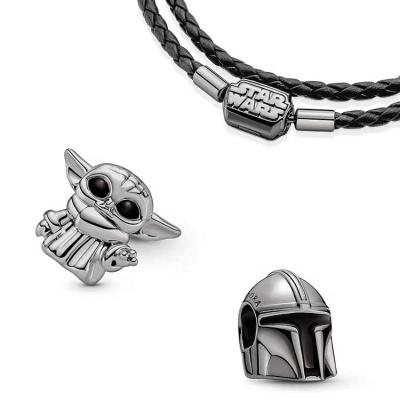 China New Yoda Charm Silve925Bracelet2022 Romantic Baby Charm Helmet Black Leather Pendant for sale