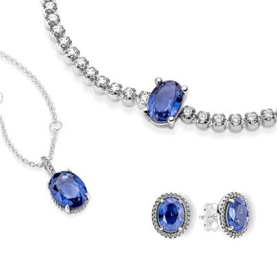 China 2021 New Product Sterling SilverS925Necklace Earring Bracelet Lady Set Blue Main Romantic Stone Series for sale