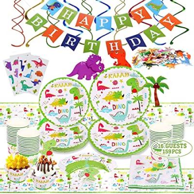 China LHD Kids Birthday Party Banner Paper Dinner Plate Paper Cup Paper Napkin Tablecloth Decoration Dinosaur Themed Disposable Tableware Set for sale